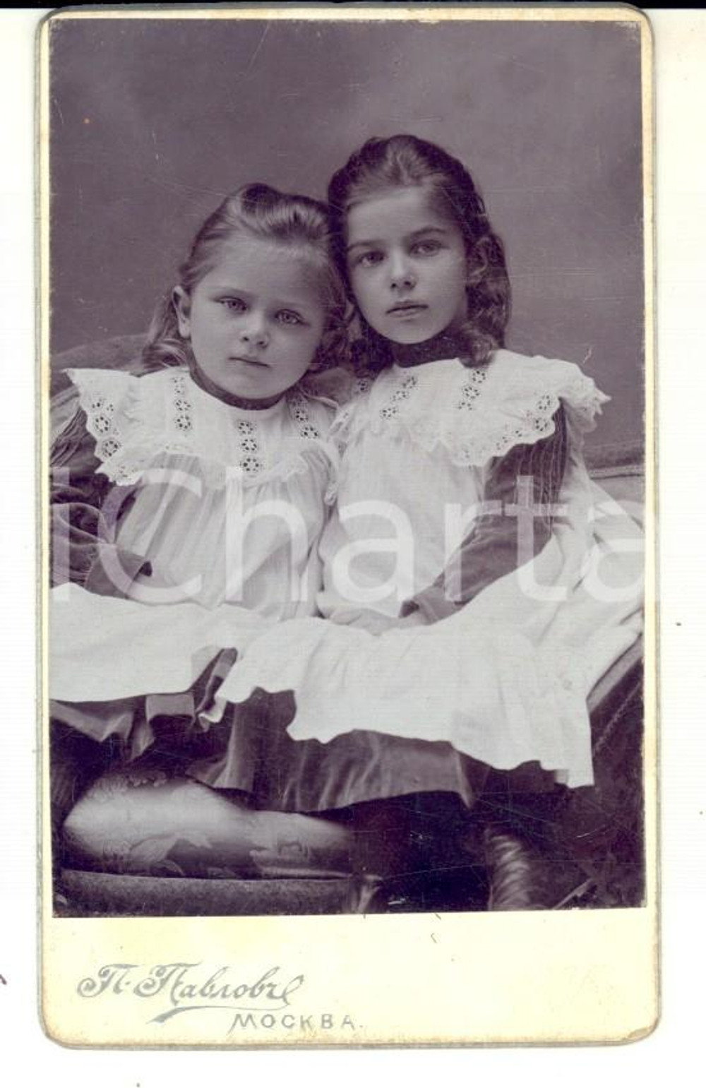 Fotografia d epoca originale 1905 MOSCOW Portrait of two sisters as kids  Photo P. PAVLOVA CDV RARE 1