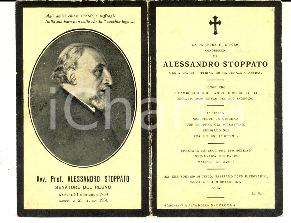Oggetto da collezione cartaceo 1931 MILANO In memoria del senatore Alessandro STOPPATO Santino con ritratto 1