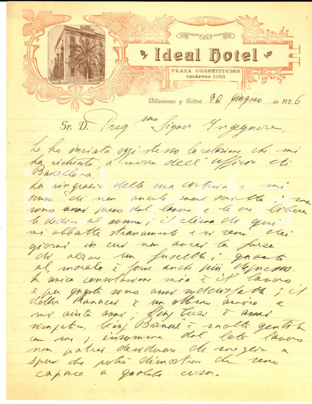 Manoscritto, lettera originale 1926 VILLANUEVA Y GELTRU   Lettera Ettore PIANTANIDA al lavoro  IDEAL HOTEL 1