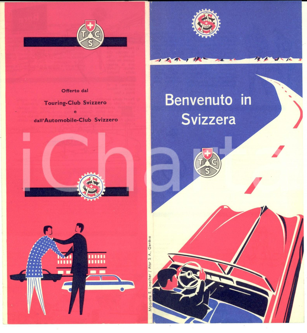 Materiale pubblicitario d’epoca 1940 ca AUTOMOBILE CLUB Benvenuto in SVIZZERA Pieghevole ILLUSTRATO 1
