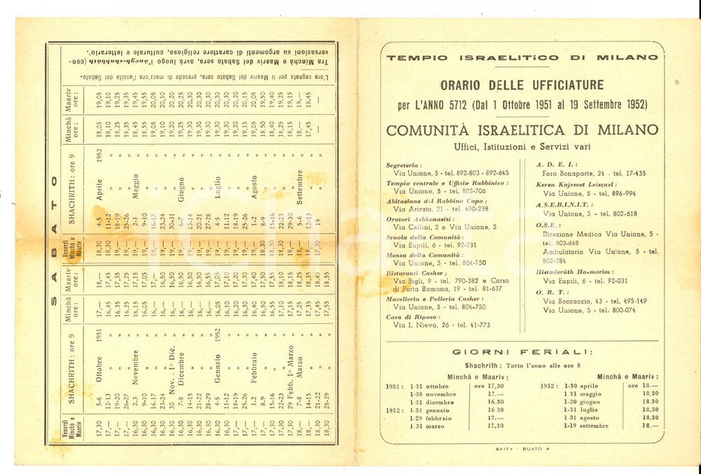 Materiale pubblicitario d’epoca 1952 Tempio Israelitico di MILANO Orario delle ufficiature  Pieghevole 1