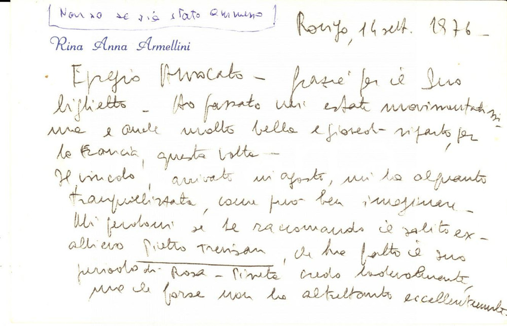 Autografo originale 1976 ROVIGO Biglietto Rina Anna ARMELLINI a favore di un allievo  Autografo 1
