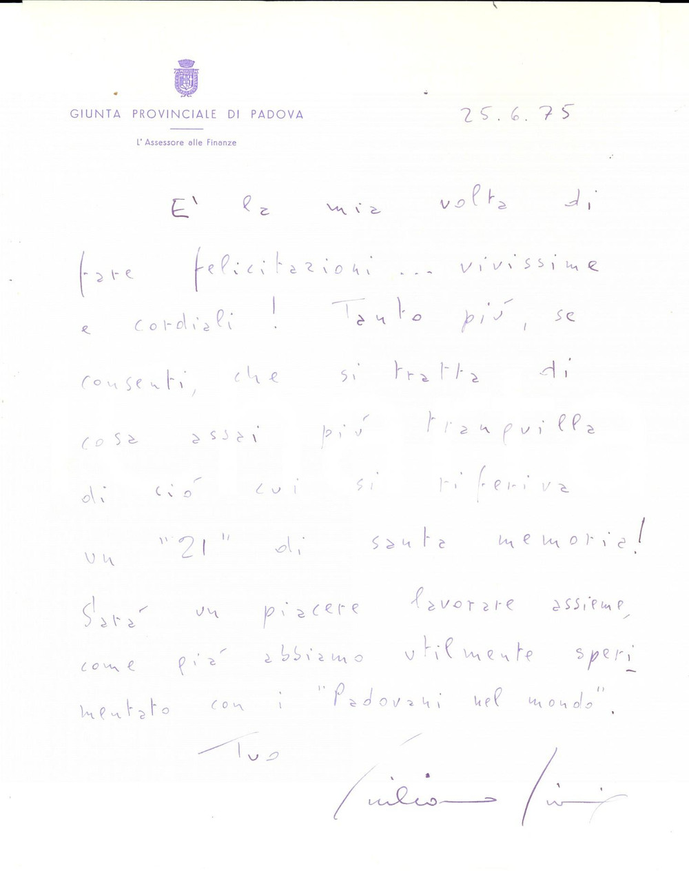 Autografo originale 1975 PADOVA Lettera felicitazioni Giuliano GIORIO assessore  Autografo 1
