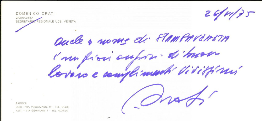 Autografo originale 1975 PADOVA UCSI VENETA Biglietto auguri Domenico ORATI giornalista  Autografo 1