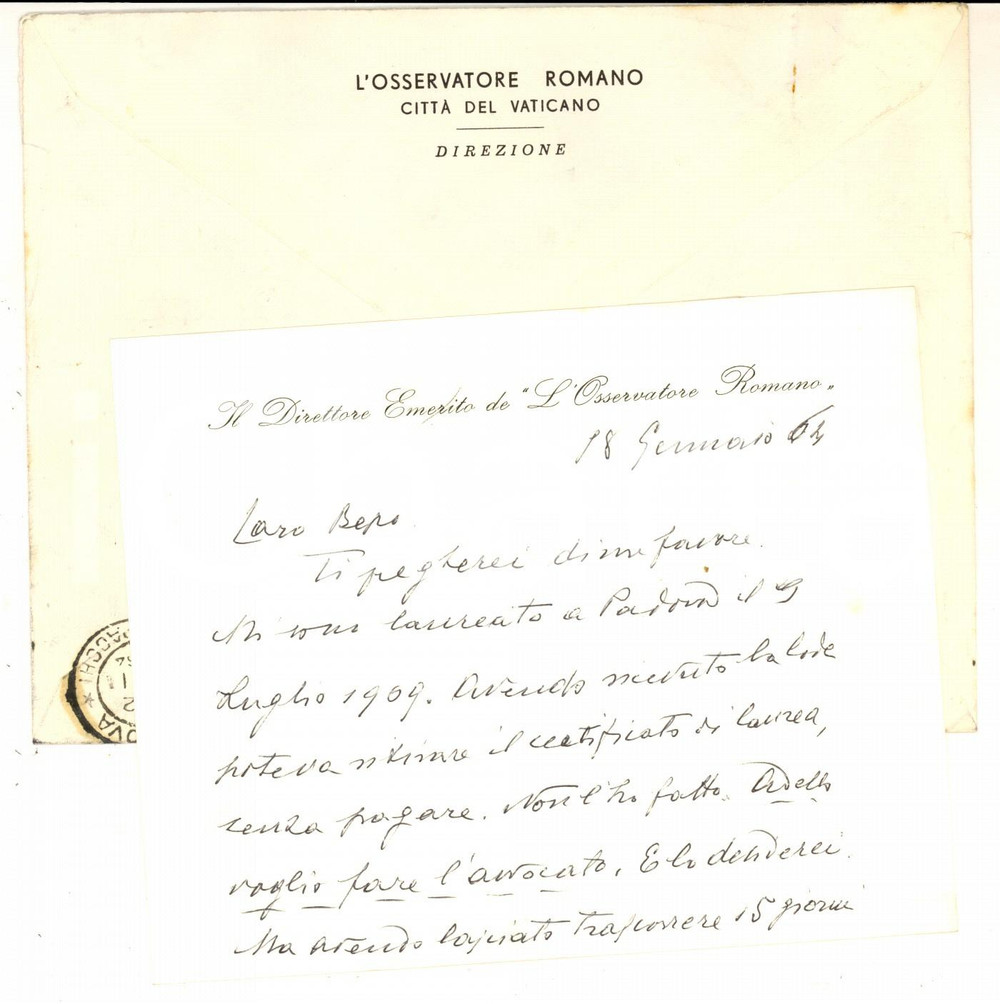 Autografo originale 1964 ROMA L OSSERVATORE ROMANO Auguri direttore Giuseppe DALLA TORRE Autografo 1