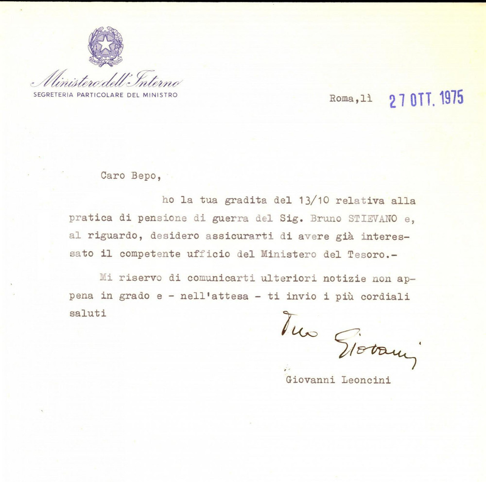 Autografo originale 1975 ROMA MINISTERO DELL INTERNO Giovanni LEONCINI pro pensione  Autografo 1