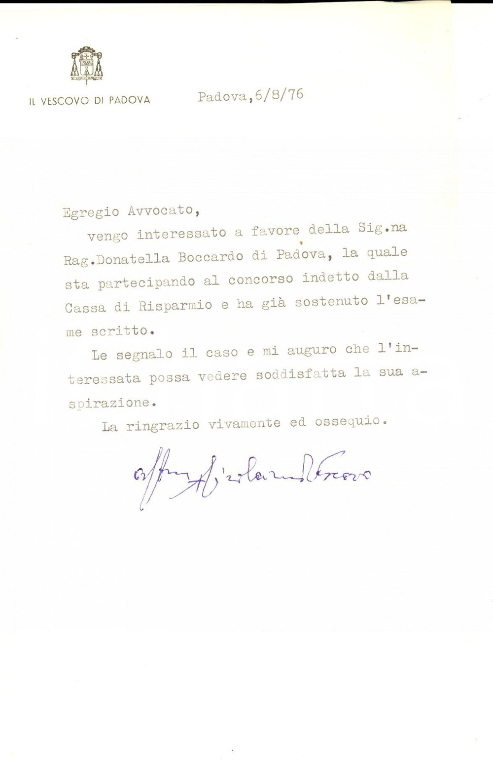 Autografo originale 1976 PADOVA Lettera mons. Girolamo BORTIGNON per raccomandazione  Autografo 1