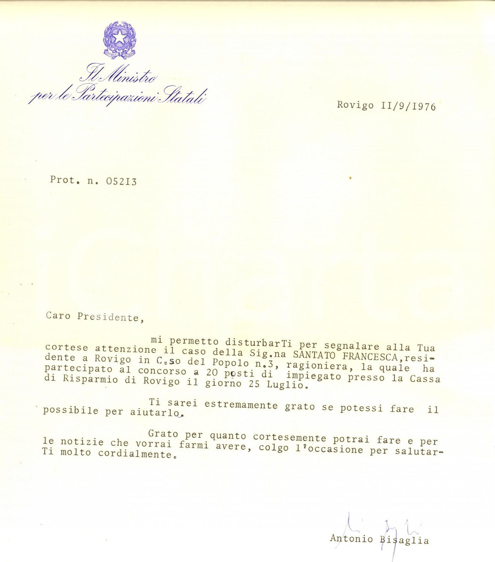 Autografo originale 1976 ROVIGO Lettera ministro Antonio BISAGLIA  per raccomandazione  Autografo 1