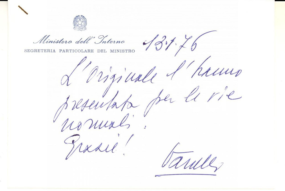 Autografo originale 1975 ROMA Biglietto Vinicio VANELLI segretario ministro Interno  Autografo 1