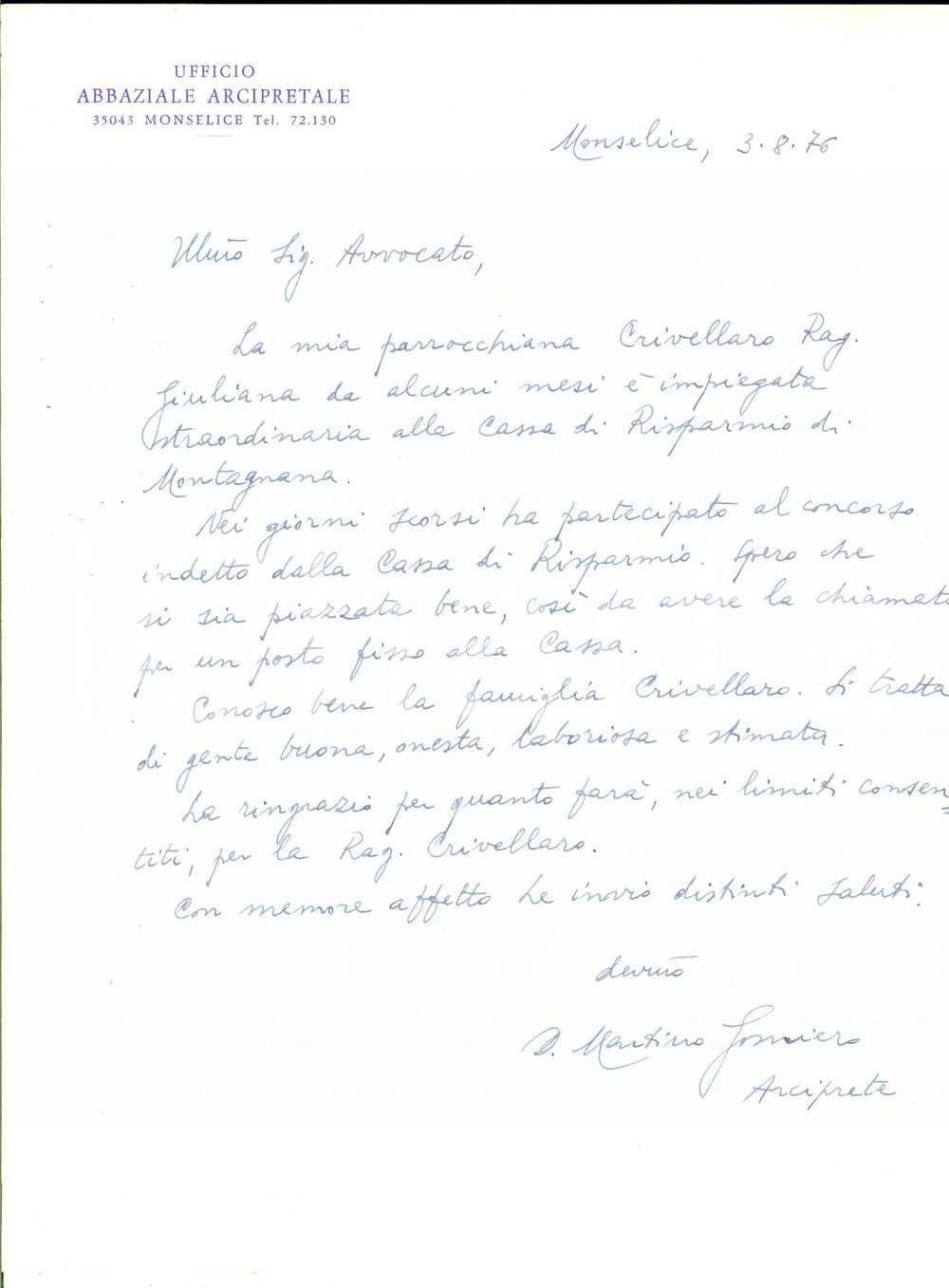 Autografo originale 1976 MONSELICE Lettera raccomandazione arciprete don Martino GOMIERO  Autografo 1