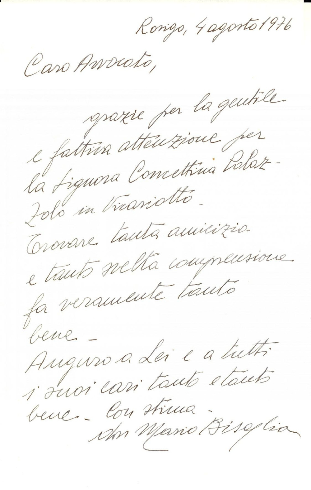 Autografo originale 1976 ROVIGO Lettera di ringraziamento don Mario BISAGLIA   Autografo 1