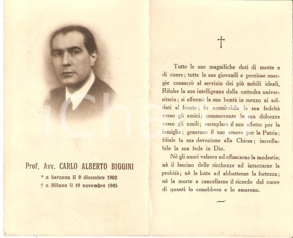 Oggetto da collezione cartaceo 1945 MILANO In memoria dell avvocato Carlo Alberto BIGGINI Santino con ritratto 1