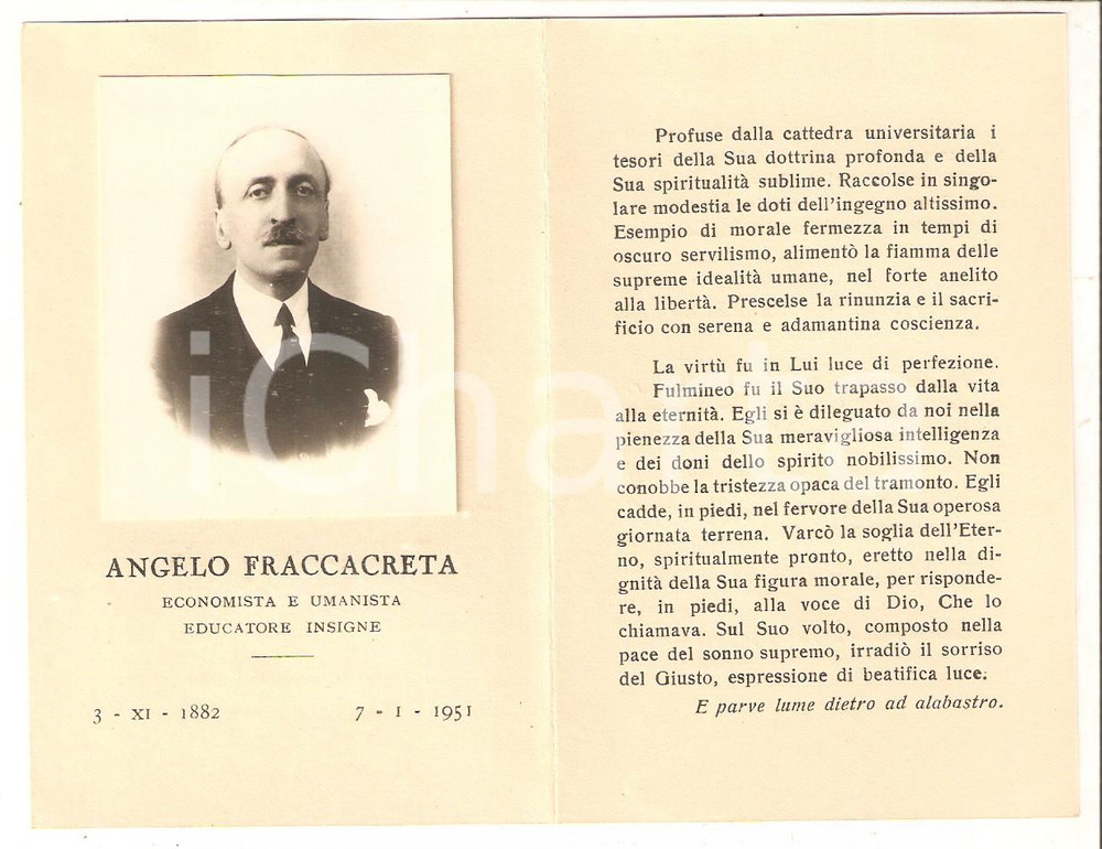 Oggetto da collezione cartaceo 1951 NAPOLI In memoria di Angelo FRACCACRETA Economista Santino con ritratto 1