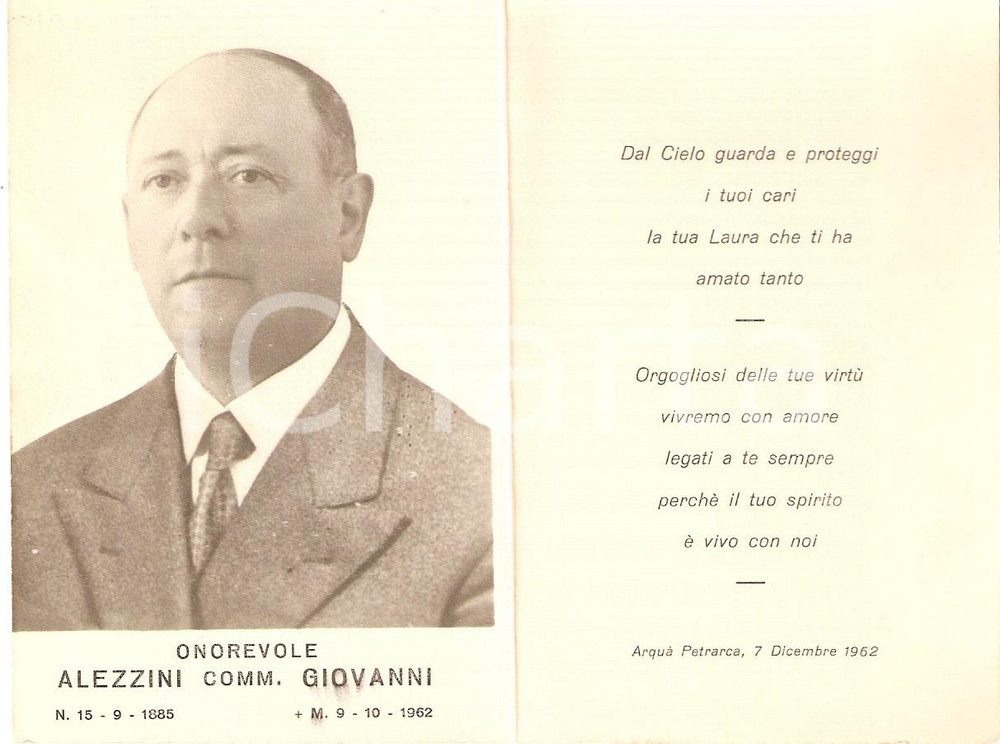 Oggetto da collezione cartaceo 1962 ARQUA  PETRARCA In memoria dell Onorevole Giovanni ALEZZINI Santino 1