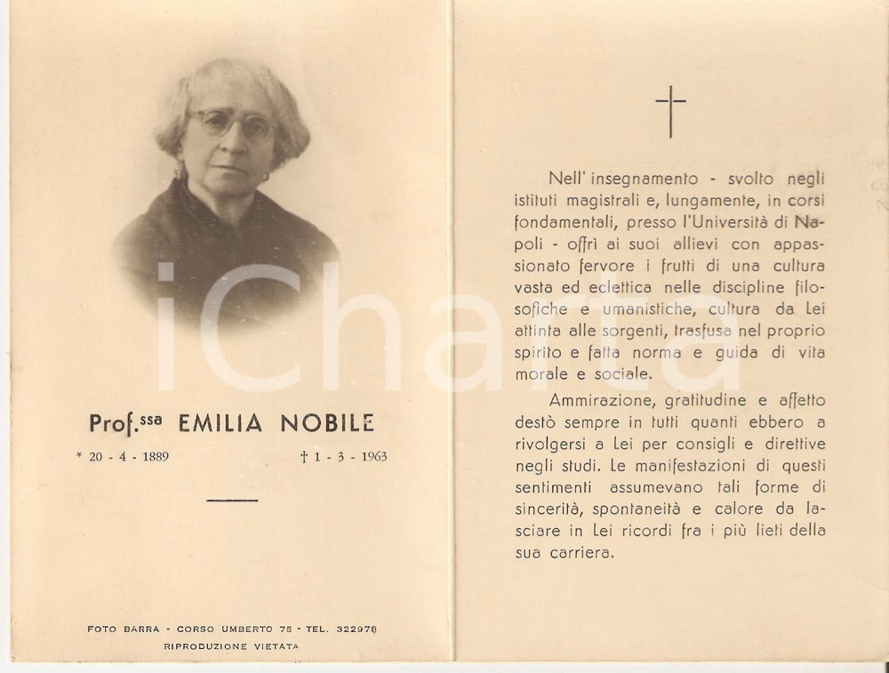 Oggetto da collezione cartaceo 1963 NAPOLI In memoria della professoressa Emilia NOBILE Santino con ritratto 1