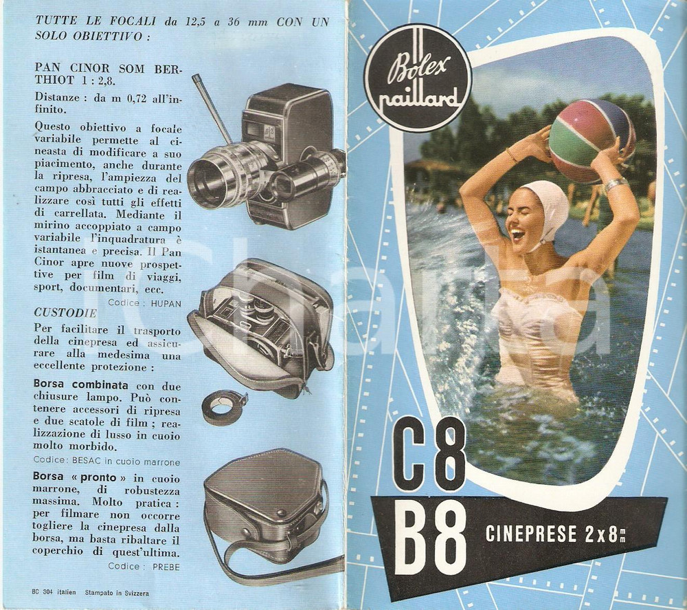 Materiale pubblicitario d’epoca 1975 ca BOLLEX PAILLARD Cineprese C8 e B8 Pieghevole ILLUSTRATO 1