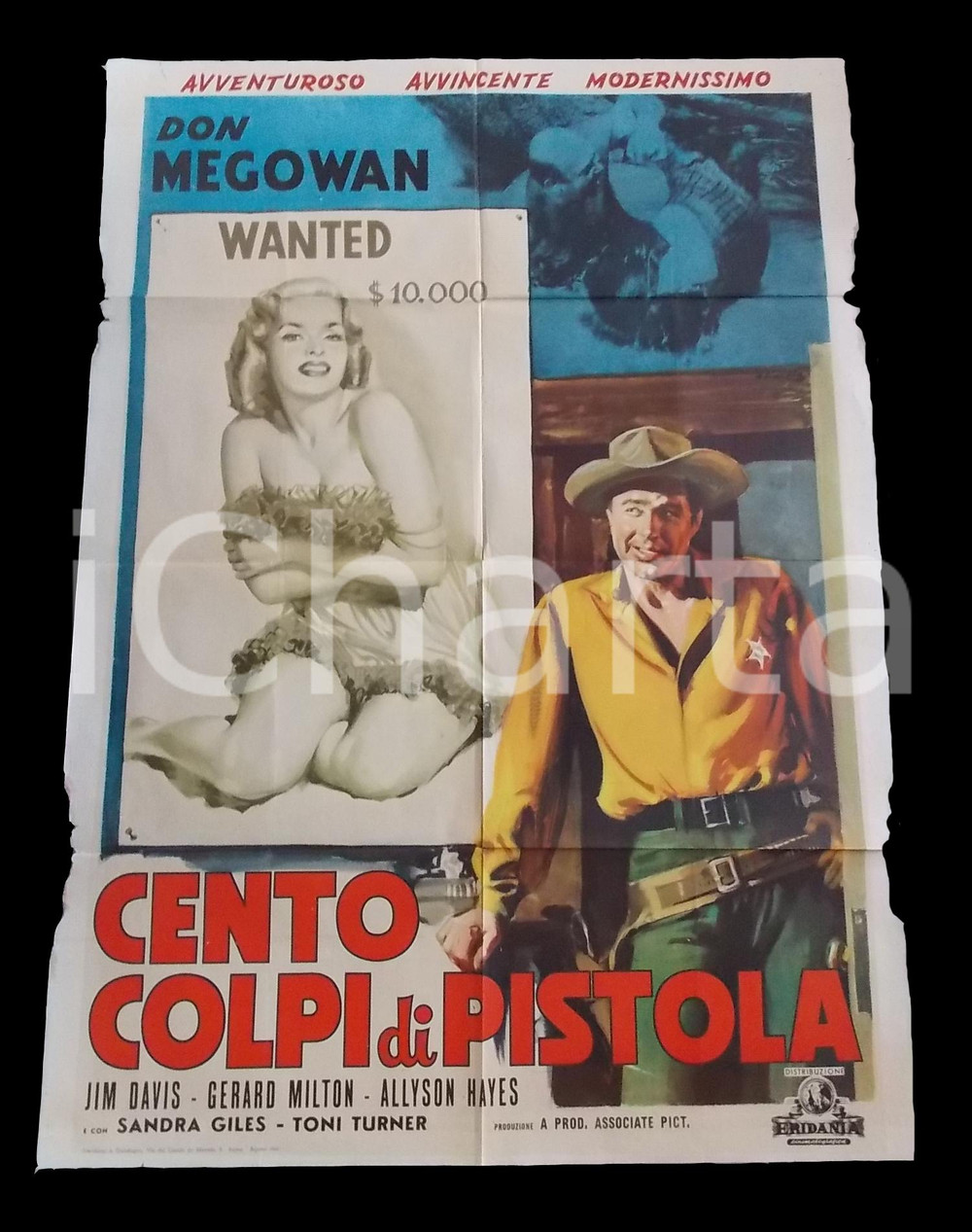 Materiale cinematografico d’epoca 1958 CENTO COLPI DI PISTOLA Jim DAVIS Don MEGOWAN Manifesto WESTERN 100x140 cm 1