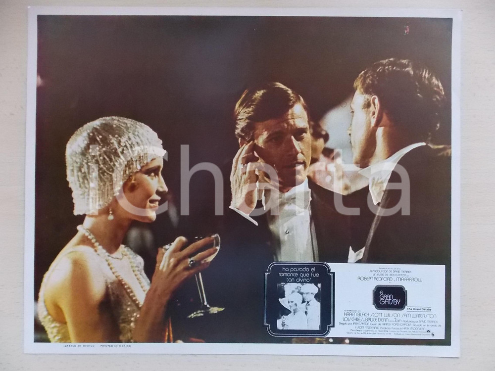 Materiale cinematografico d’epoca 1974 GREAT GATSBY Mia FARROW Robert REDFORD at party Lobby card MEXICAN EDITION 1
