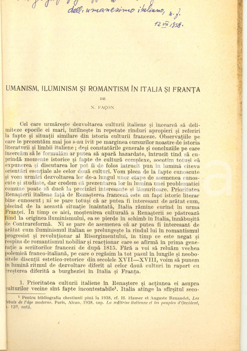 Libro, pubblicazione d epoca 1957 Nina FAÃ‡ON Umanism, Iluminism si Romantism in Italia si franta Autografo 1