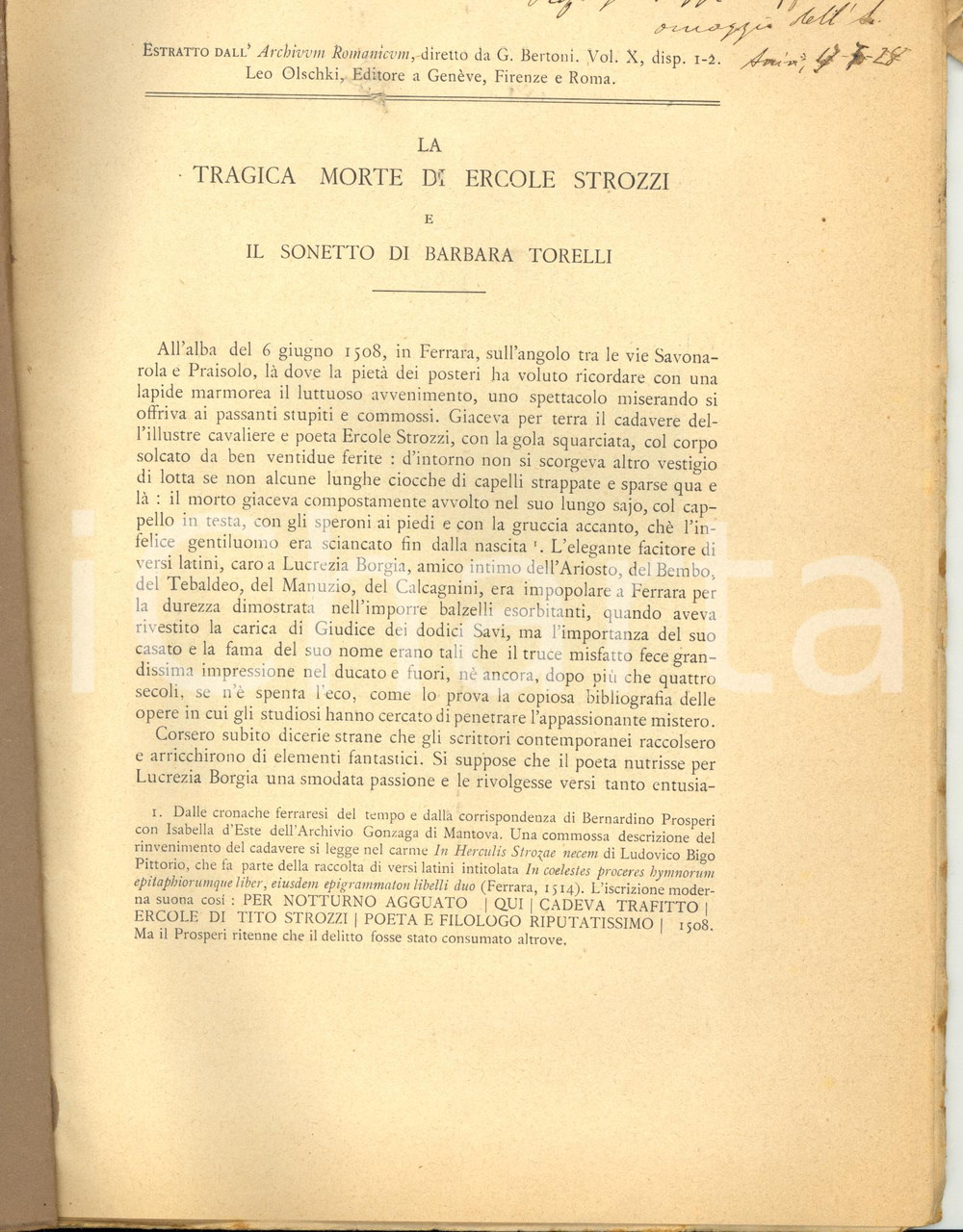 Libro, pubblicazione d epoca 1926 Michele CATALANO La tragica morte di Ercole Strozzi  Invio AUTOGRAFO 1