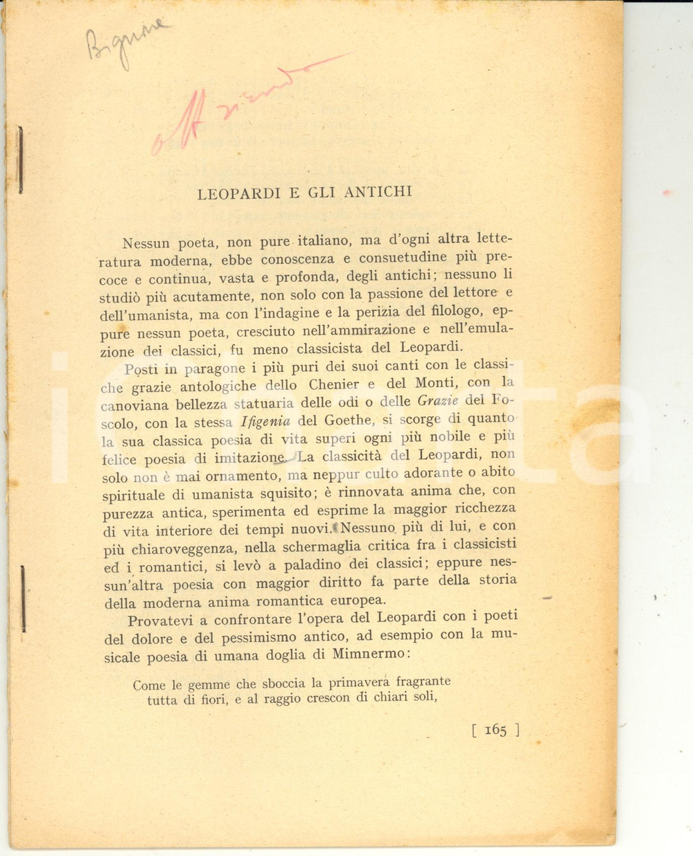 Libro, pubblicazione d epoca 1940 ca Ettore BIGNONE Leopardi e gli antichi   Estratto 23 pp. 1