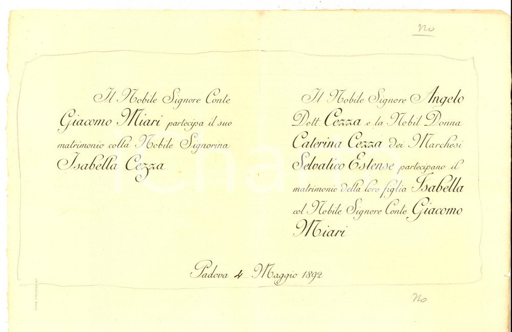 Documento originale, autentico 1892 PADOVA Nozze conte Giacomo MIARI  Isabella CEZZA  Bozza di partecipazione 1