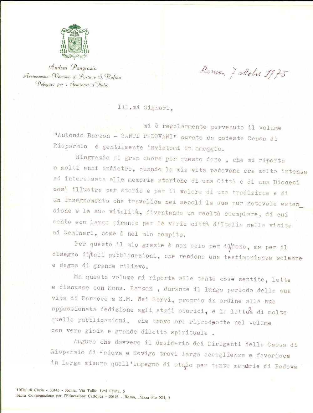 Autografo originale 1975 ROMA Lettera mons. Andrea PANGRAZIO per ringraziamento  Autografo 1
