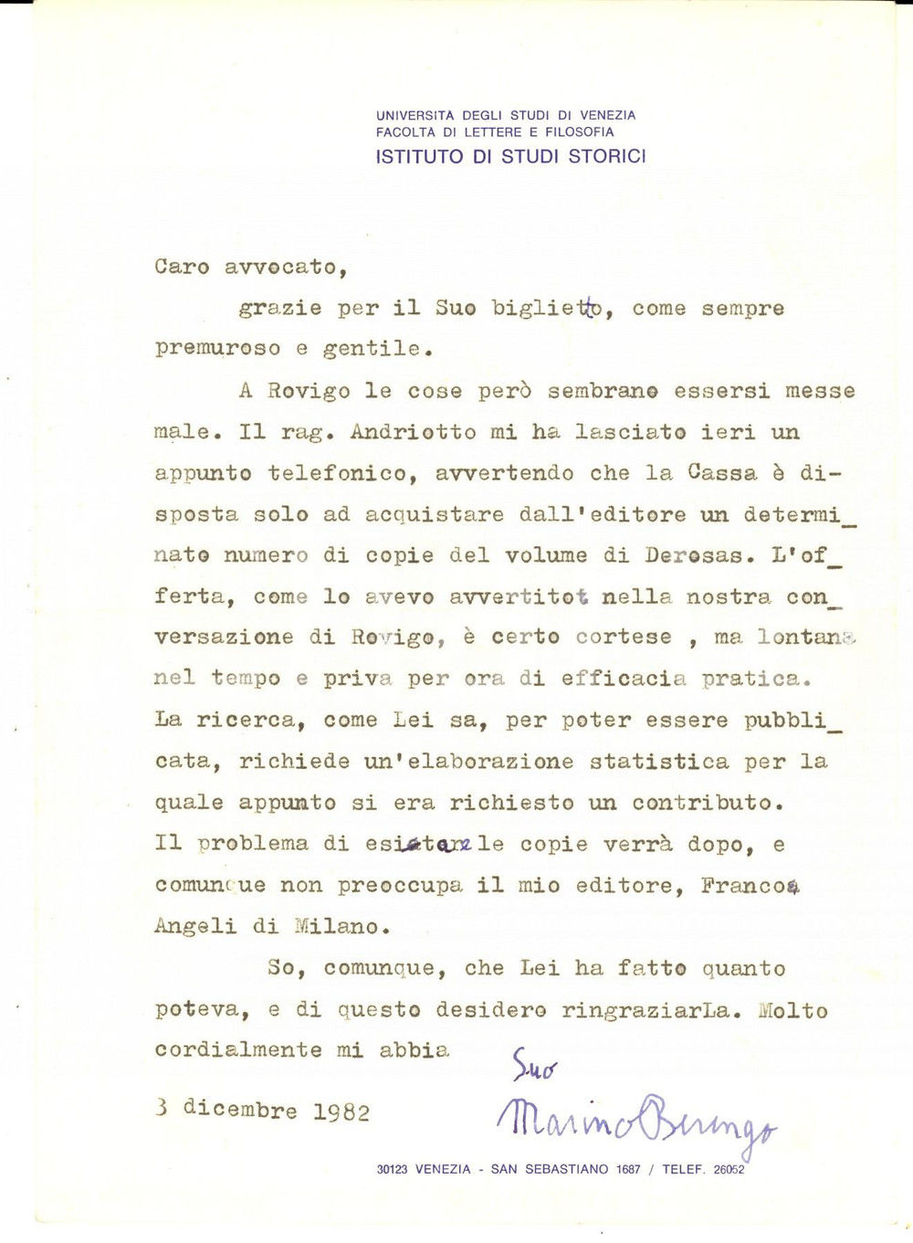 Autografo originale 1982 VENEZIA Lettera di Marino BERENGO per acquisto volumi  Autografo 1