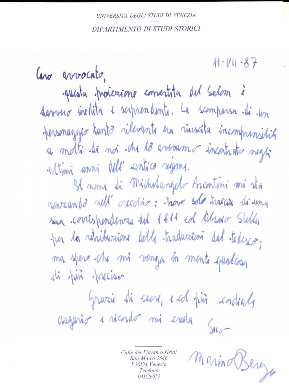 Autografo originale 1987 VENEZIA Lettera di Marino BERENGO su Michelangelo ANCONTINI  Autografo 1