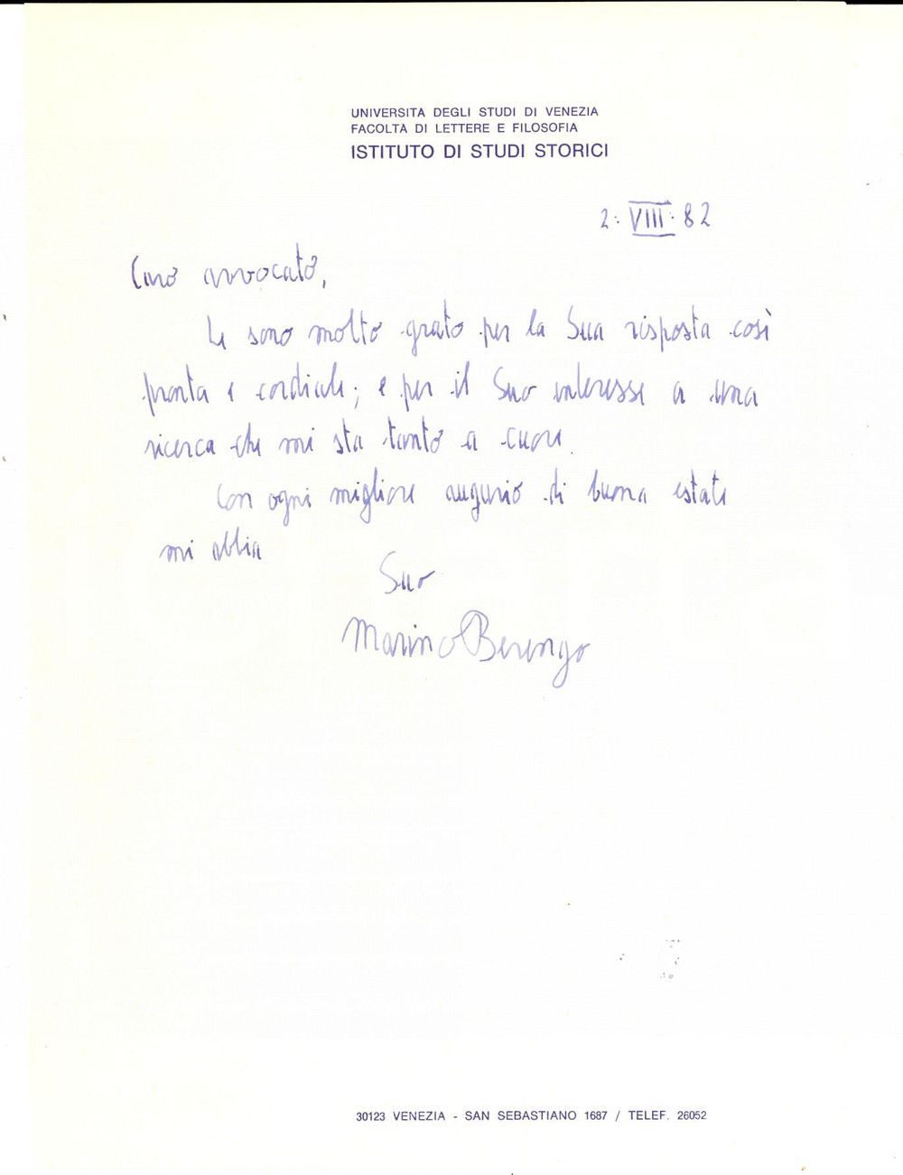 Autografo originale 1982 VENEZIA Lettera di Marino BERENGO per ringraziamento  Autografo 1