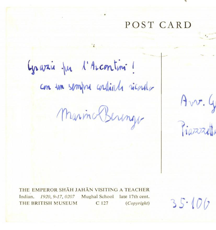 Autografo originale 1980 ca Cartolina di Marino BERENGO per ringraziamento  Autografo FG VG 1