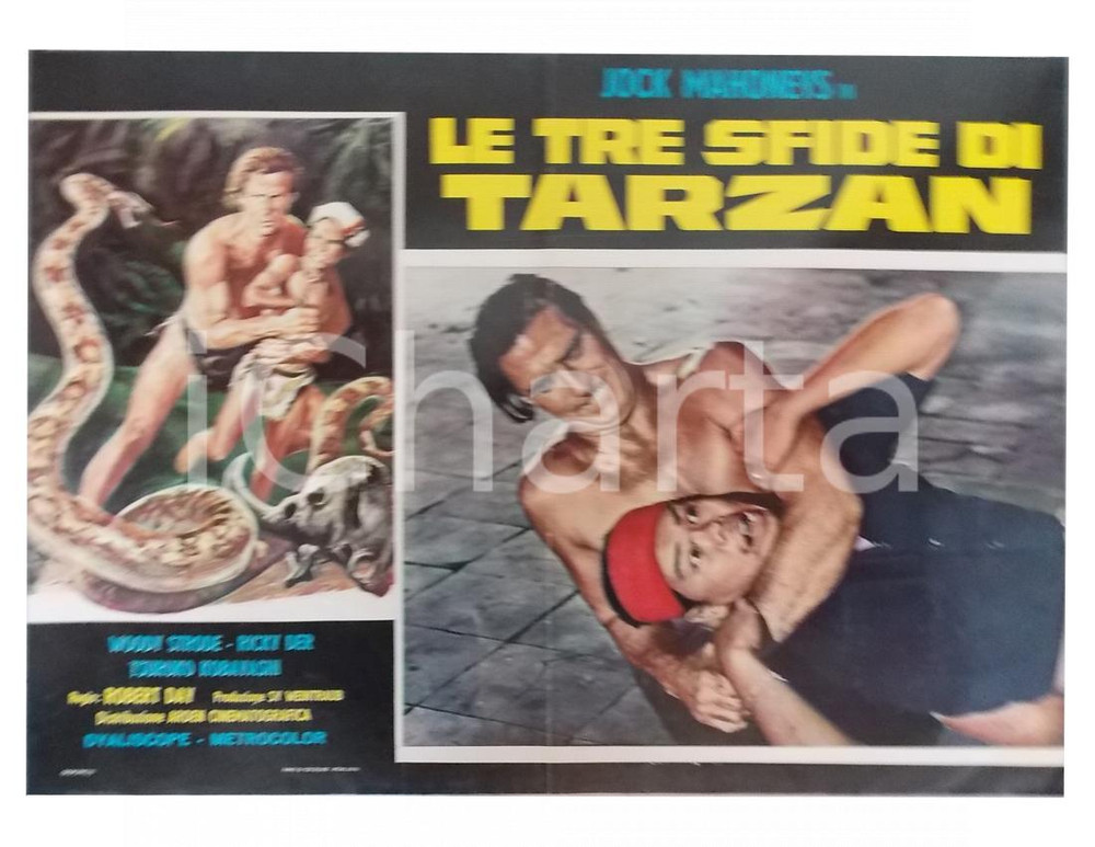 Materiale cinematografico d’epoca 1963 LE TRE SFIDE DI TARZAN Jock MAHONEY soffoca indigeno Lobby card 63x45 1