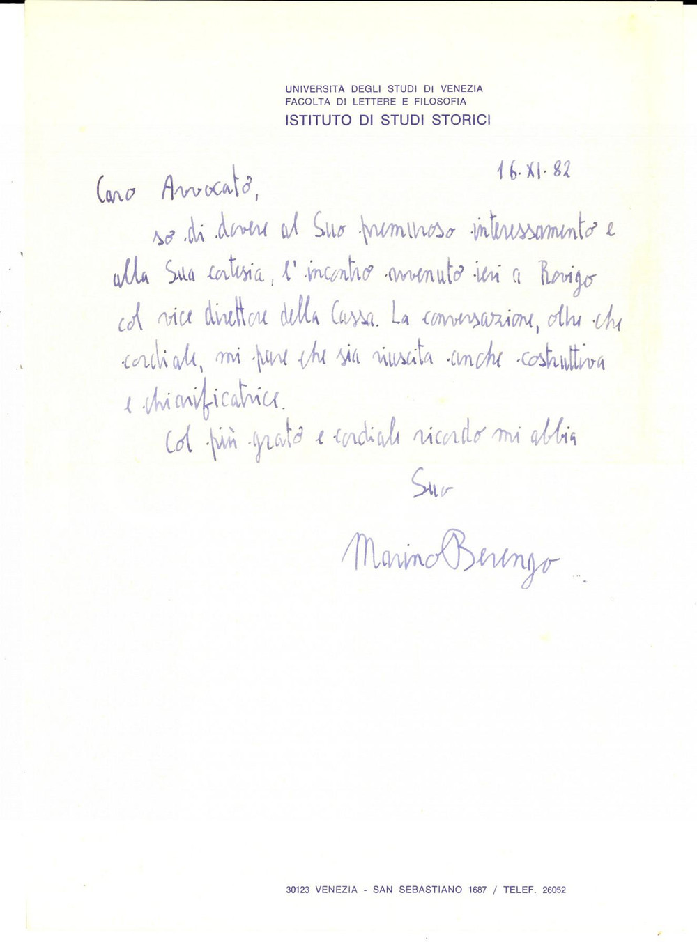 Autografo originale 1982 VENEZIA Lettera di Marino BERENGO per ringraziamento Autografo 1