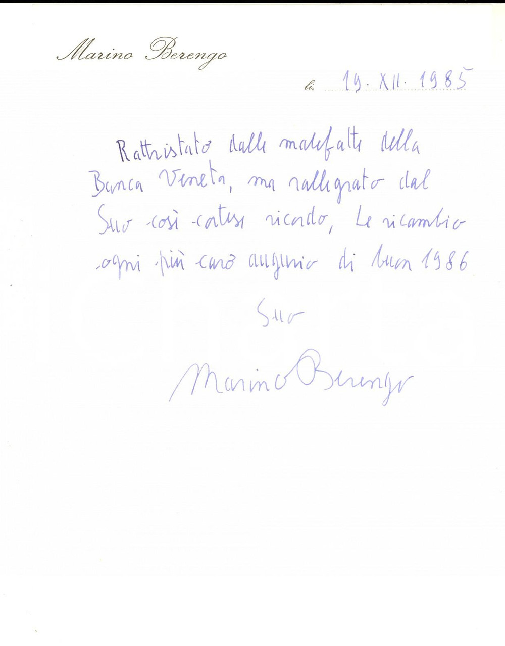 Autografo originale 1985 VENEZIA Lettera di Marino BERENGO per auguri Buon Anno  Autografo 1