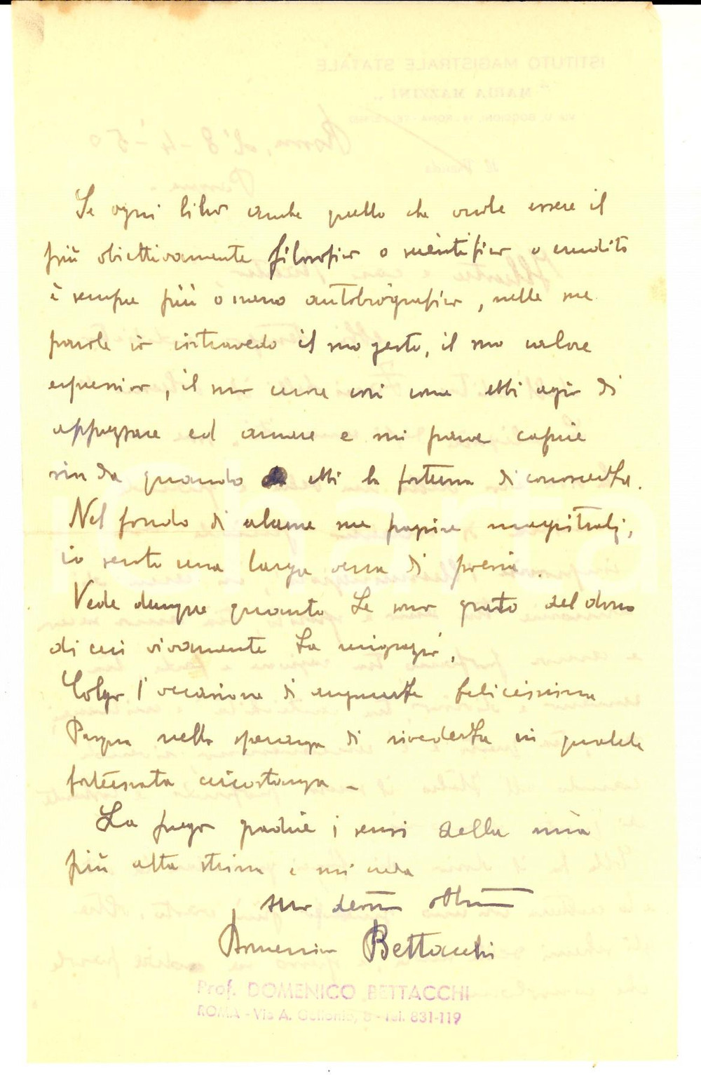 Autografo originale 1950 ROMA Istituto Maria Mazzini  Domenico BETTACCHI in lode di un collega 1