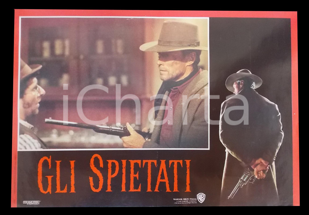 Materiale cinematografico d’epoca 1992 GLI SPIETATI Clint EASTWOOD punta fucile contro Saul RUBINEK Lobby card 1