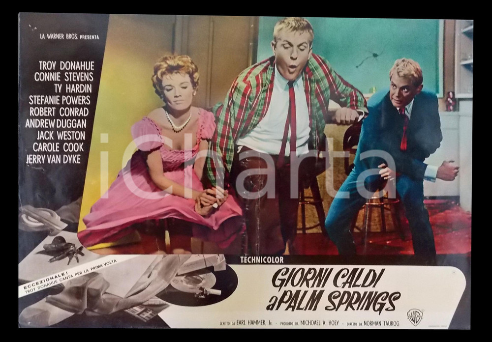 Materiale cinematografico d’epoca 1963 GIORNI CALDI A PALM SPRINGS Jerry VAN DYKE Zeme NORTH Lobby card 63x45 cm 1