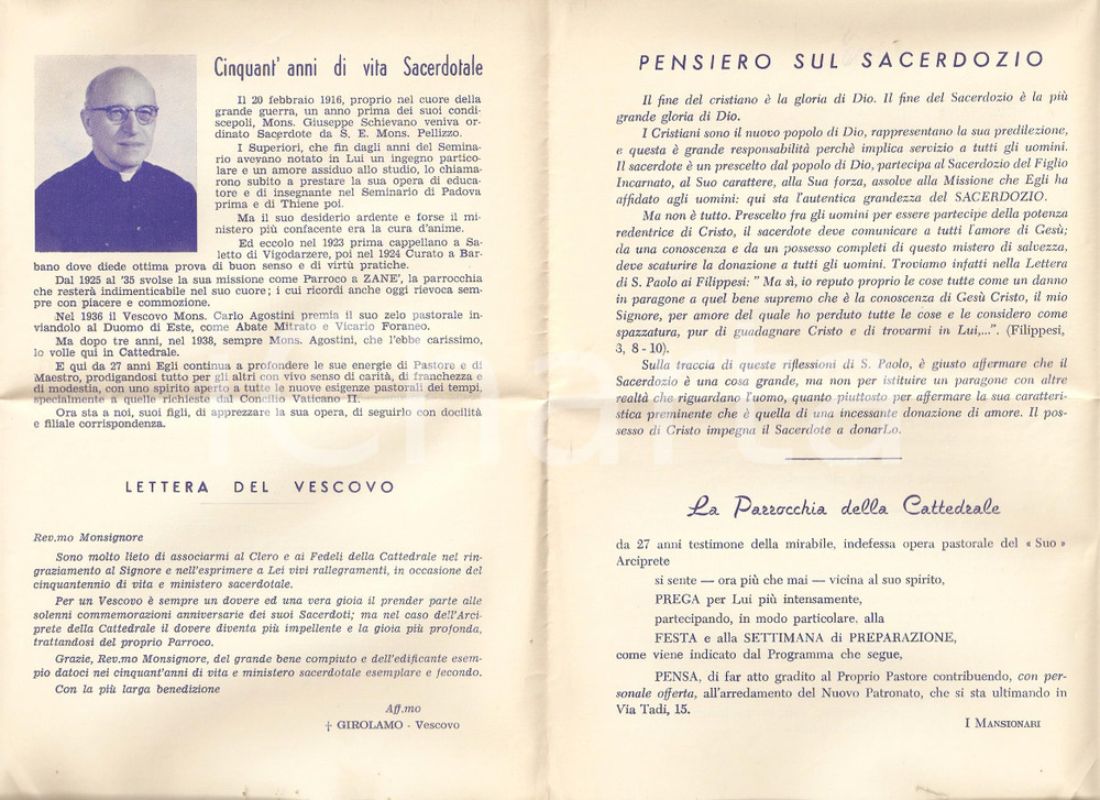 Materiale pubblicitario d’epoca 1966 PADOVA Mons. Giuseppe SCHIEVANO Nozze d oro sacerdotali Brochure 16x21 cm 1
