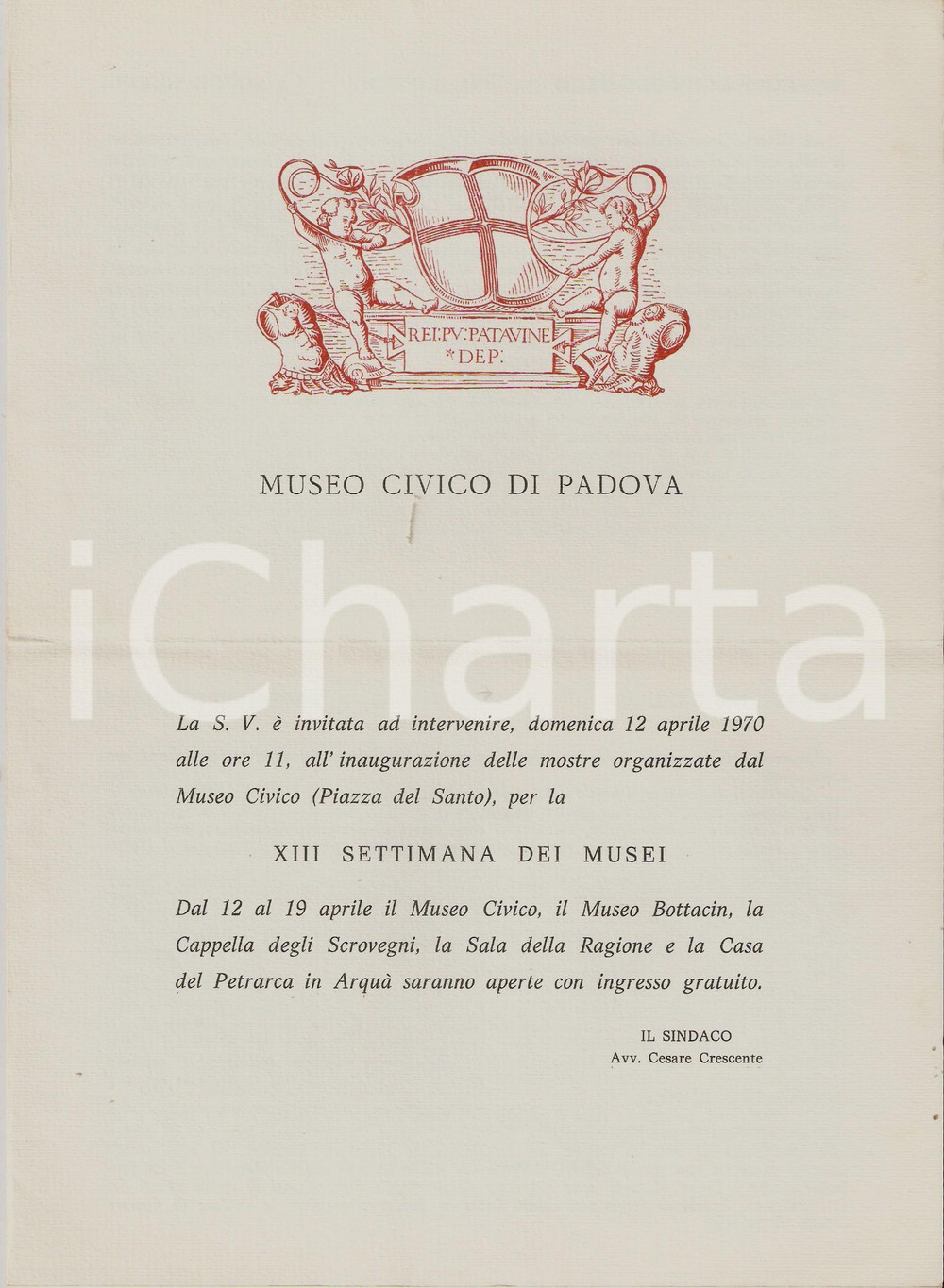 Materiale pubblicitario d’epoca 1970 PADOVA Museo civico  XIII Settimana dei musei Invito inaugurazione mostre 1