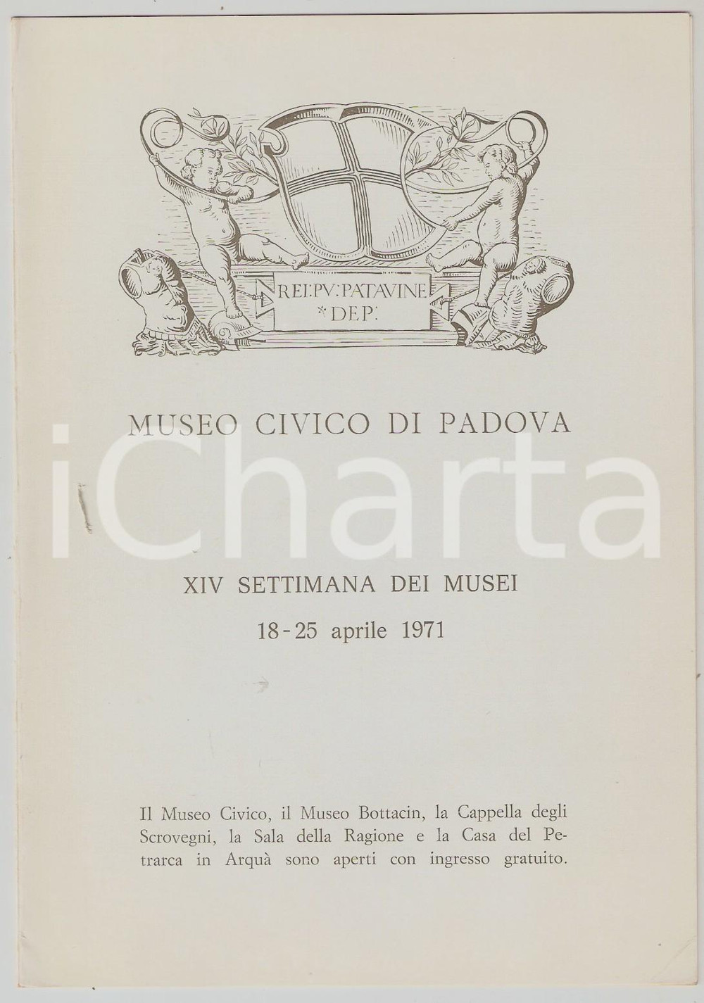 Materiale pubblicitario d’epoca 1971 PADOVA Museo civico  XIV Settimana dei musei Invito inaugurazione mostre 1