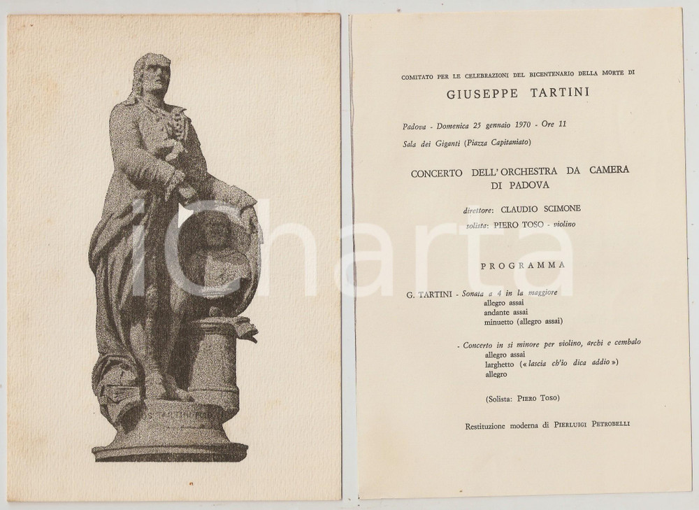 Materiale pubblicitario d’epoca 1970 PADOVA Giuseppe TARTINI Programma concerto per il bicentenario della morte 1