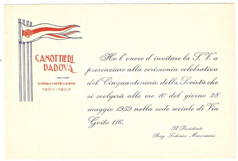 Materiale pubblicitario d’epoca 1968 CANOTTIERI PADOVA Cinquantenario della Società Invito cerimonia celebrativa 1