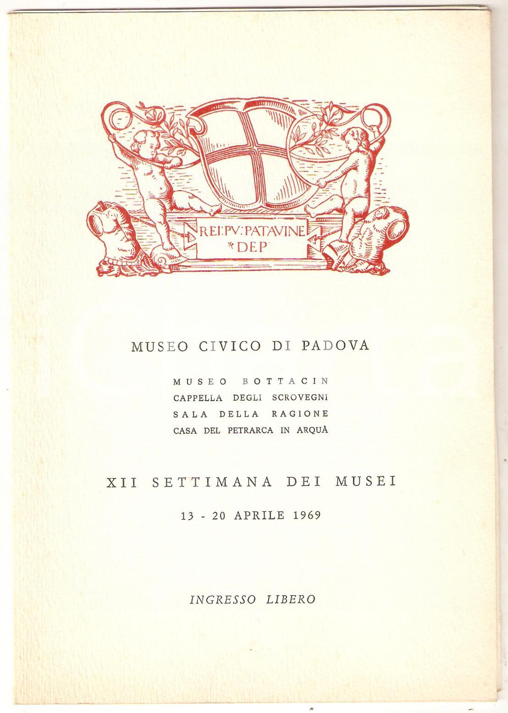 Materiale pubblicitario d’epoca 1969 PADOVA Museo civico  XII Settimana dei musei Invito inaugurazione mostre 1