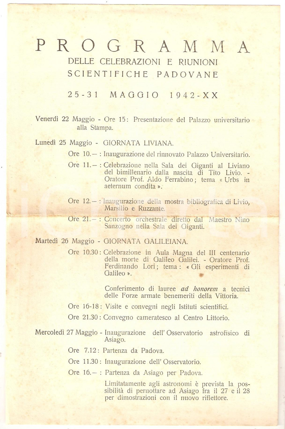 Materiale pubblicitario d’epoca 1942 PADOVA Programma delle celebrazioni e riunioni scientifiche padovane 14x22 1
