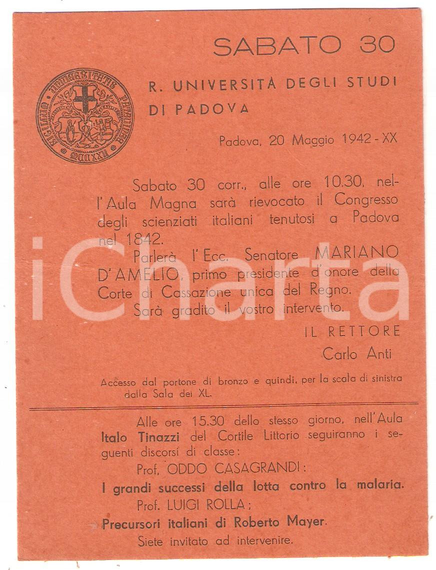 1942 PADOVA - REGIA UNIVERSITÀ Invito a intervento del Senatore Mariano D'AMELIO