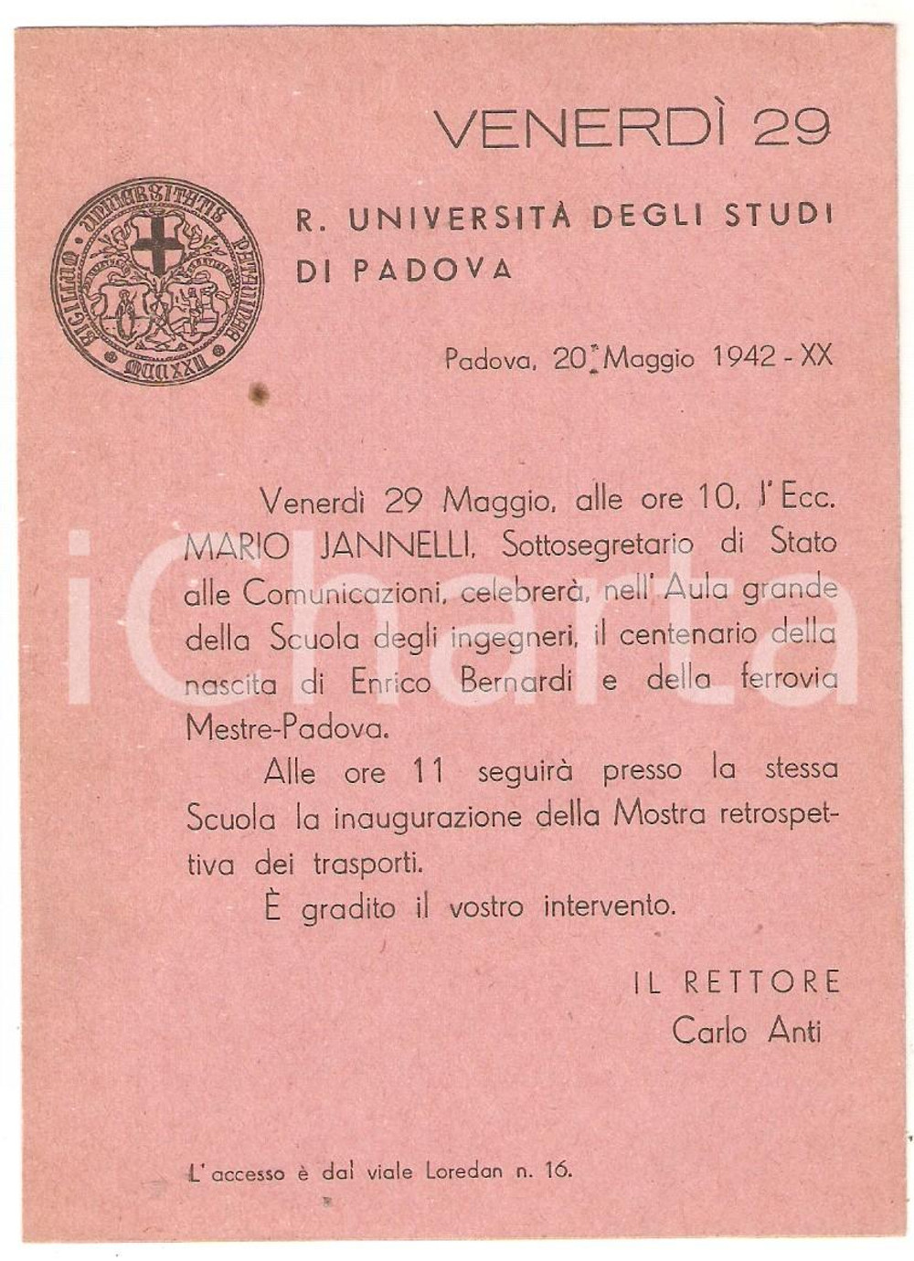 Cartolina originale da collezione 1942 PADOVA  REGIA UNIVERSITA  Intervento Mario JANNELLI su Enrico BERNARDI 1
