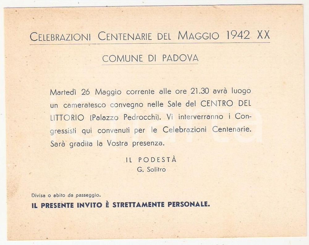 Oggetto da collezione cartaceo 1942 PADOVA Centenario Congresso degli scienziati 1842  Invito alla conferenza 1