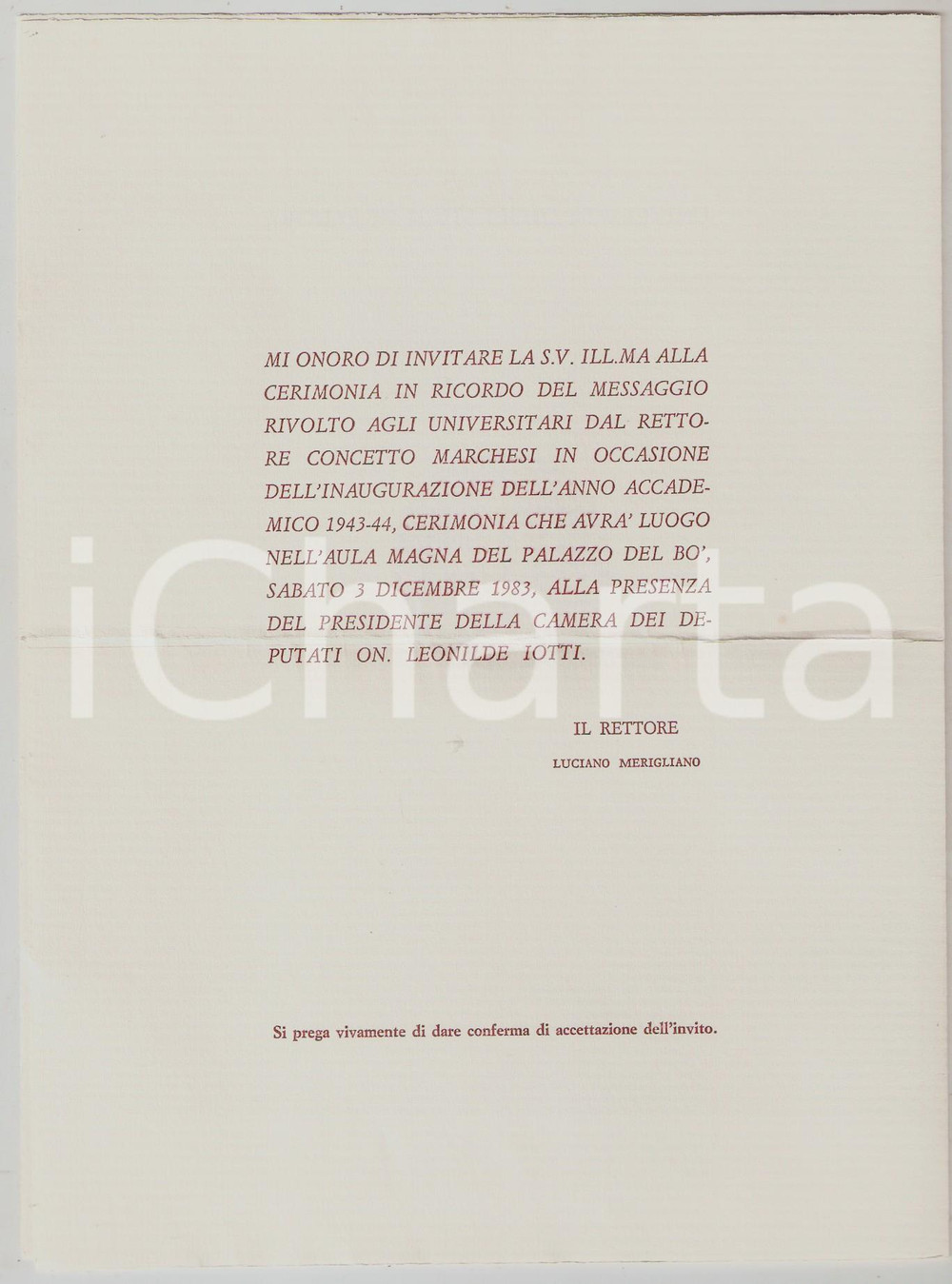 Materiale pubblicitario d’epoca 1983 UNIVERSITA  DI PADOVA In ricordo del discorso di Concetto MARCHESI Invito 1