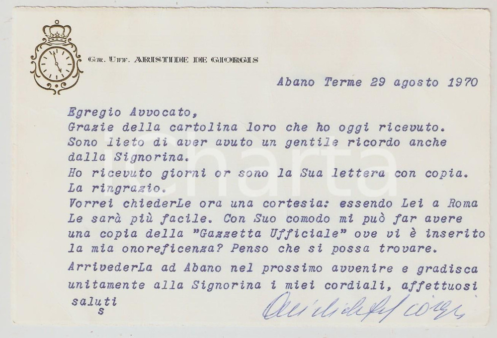 Oggetto da collezione cartaceo 1970 ABANO TERME Aristide DE GIORGIS chiede copia Gazzetta Ufficiale  AUTOGRAFO 1