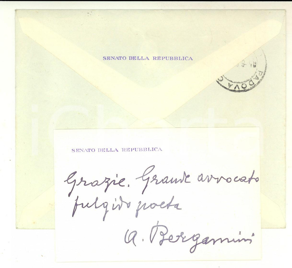 Autografo originale 1961 ROMA Senatore Alberto BERGAMINI  Biglietto di ringraziamento Autografo 1